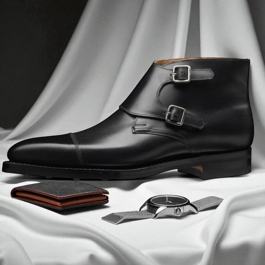 CALBERLEY: Bottine en cuir prémium-Noir brillant