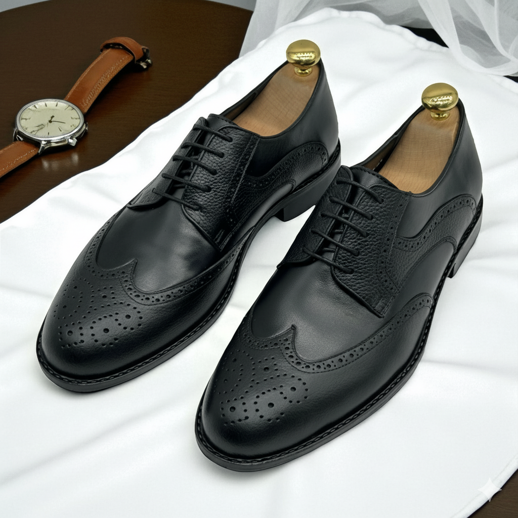 ADLER: Derby de luxe façonné en cuir gravé & texturé -Noir