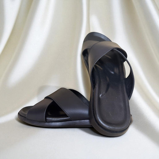 BLACK-CROSS: Sandale luxe en cuir véritable 100%-Noir