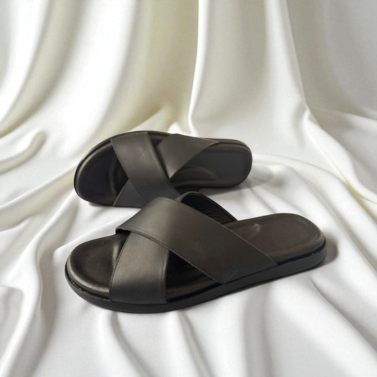 BLACK-CROSS: Sandale luxe en cuir véritable 100%-Noir