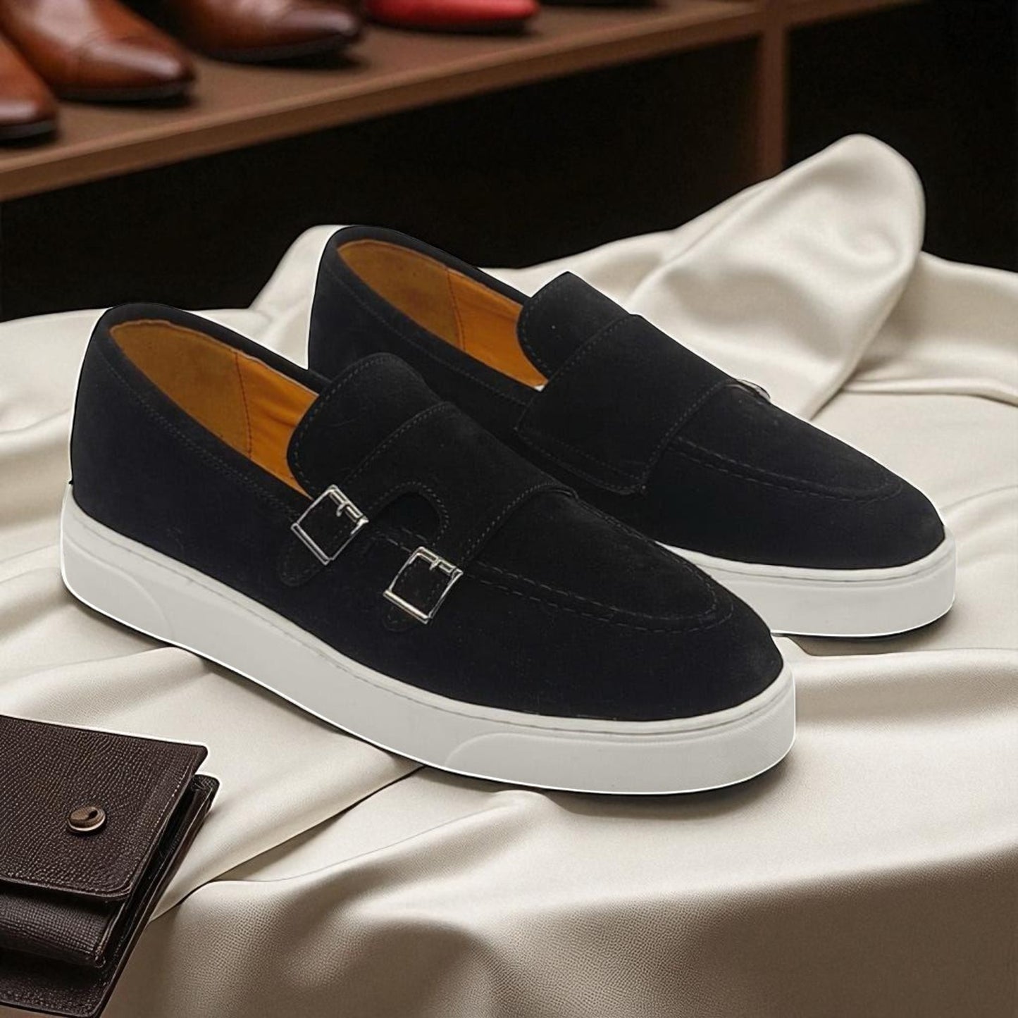 BOUCLES: Chaussures Mocassins Daim en double boucles Pour Hommes-Noir